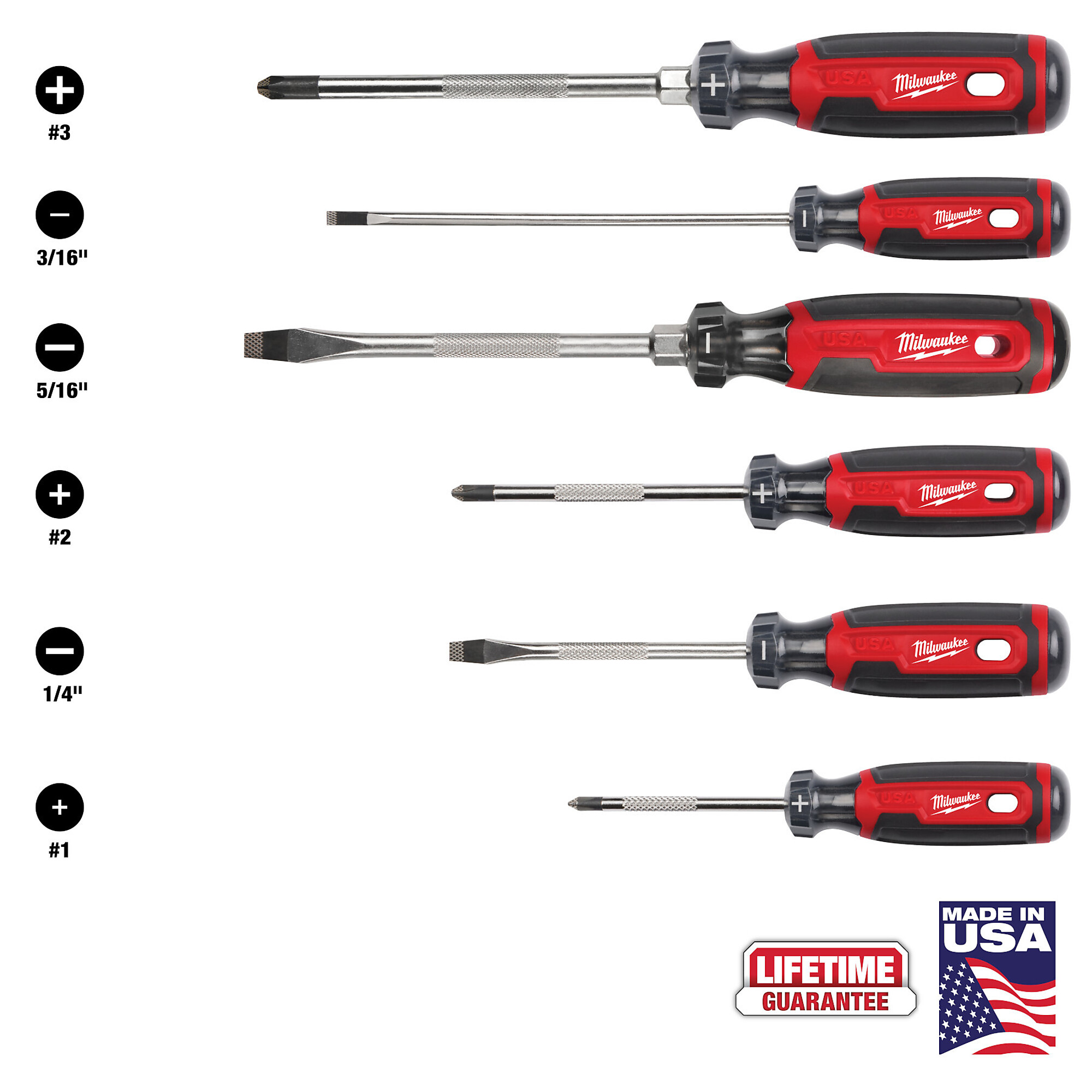 Milwaukee Cushion Grip Screwdriver Set, 6-Pc., Phillips, Slotted, Cabinet, 3in.–6in. Shanks, Model# MT200-6